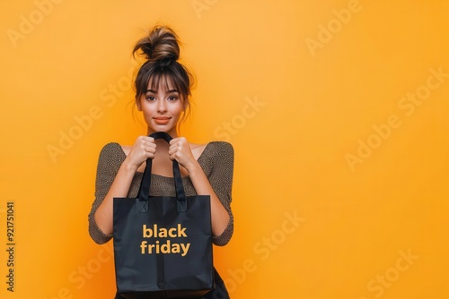 woman holding a shopping bag with text black friday on orange background