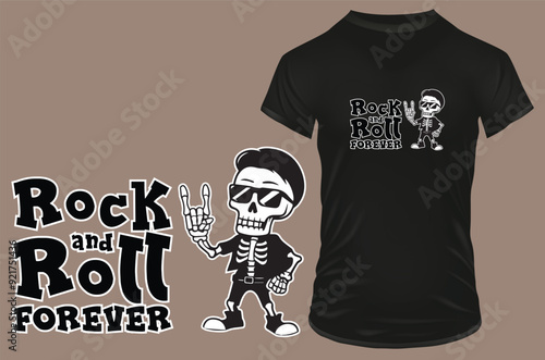 Cute cool skeleton with sunglasses showing rock hand symbol with a funny quote rock and roll forever. Vector illustration for tshirt, website, print, clip art, poster and print on demand merchandise.