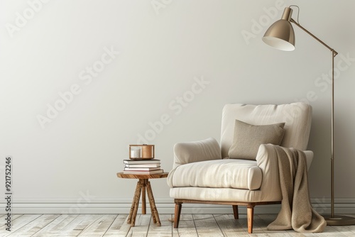 Tranquil Reading Nook with Armchair, Floor Lamp, and Books on Side Table Against Blank Wall for Relaxing Break