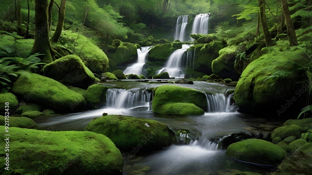 A serene view of a calm waterfall cascading down moss-covered rocks, surrounded by lush greenery A serene view of a calm waterfall cascading down moss-covered rocks, surrounded by lush greenery