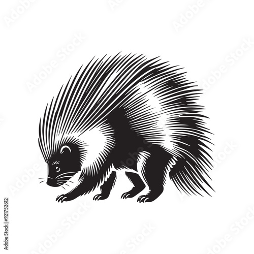 Porcupine silhouette, Porcupine Rodent Clipart, A porcupine Foraging Focus illustration in black and white