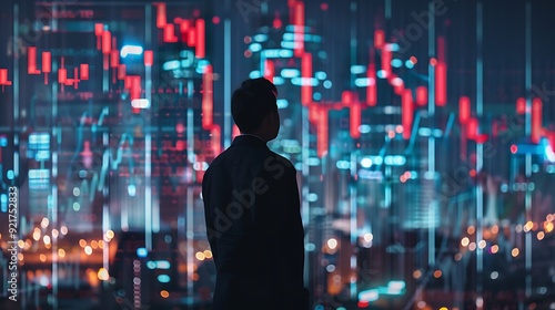 Silhouette of a Businessman Observing Financial Data in a City at Night