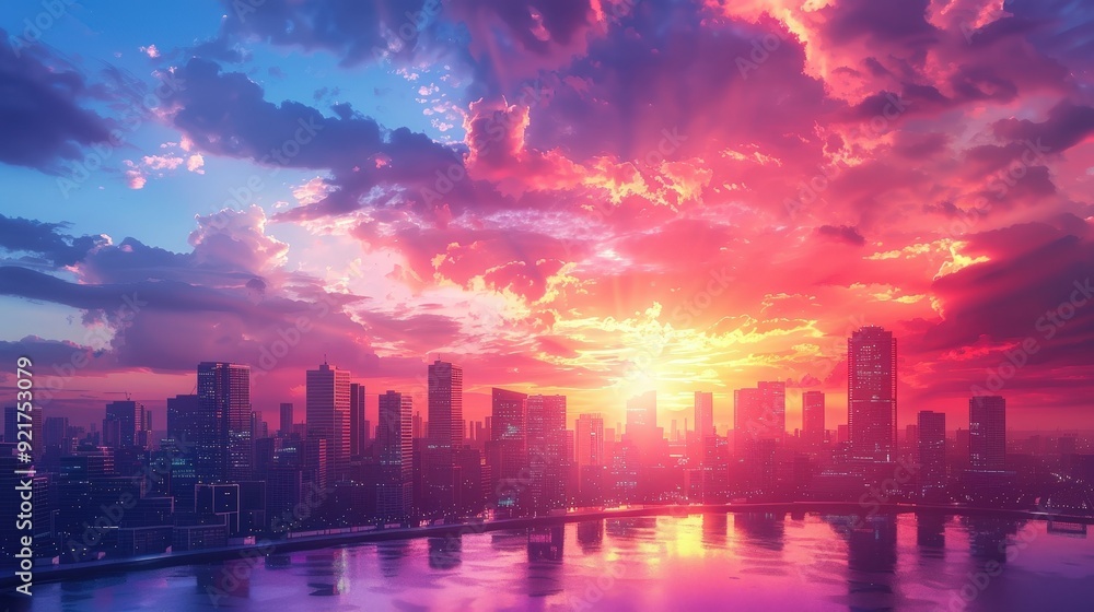 A sunset over a city skyline is a stunning and dramatic sight A sunset over a city skyline is a stunning and dramatic sight