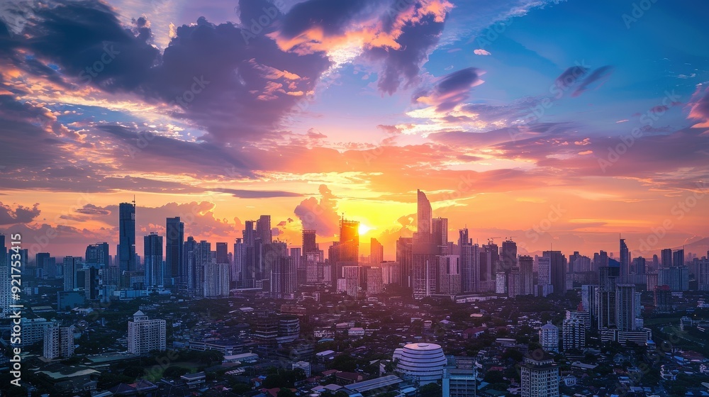 Fototapeta premium A sunset over the city skyline is a beautiful blend of nature and urban life. The sun sets behind the buildings, casting a warm glow over the city
