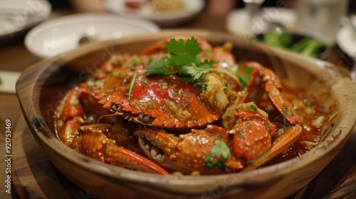 Steamed Crab in a Wooden Bowl with Cilantro Garnish