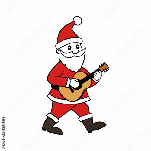 Christmas Santa walk and playing the guitar art vector illustrator