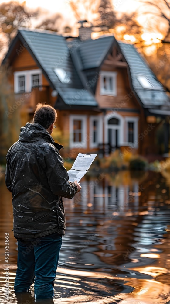 Insurance Agent Assessing Flood Damaged Home Offering Support and Recovery Assistance Insurance Agent Assessing Flood Damaged Home Offering Support and Recovery Assistance