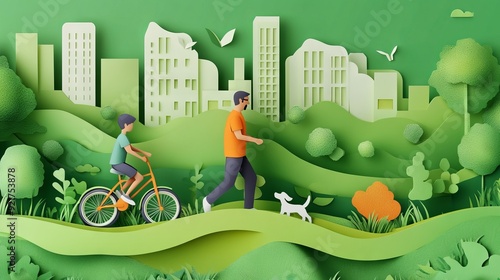 A father walking a dog with his son riding a bike with green city background, landing page and banner design, paper cut illustration, and 3d paper