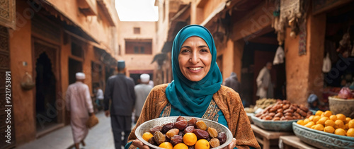Smiling Arab woman vendor wearing hijab is selling local food, fruit, dates and citrus on local street food market in Morocco. Moroccan culture and people