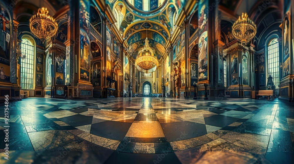 Obraz premium Interior of a grand, ornate church with stained glass windows and chandeliers