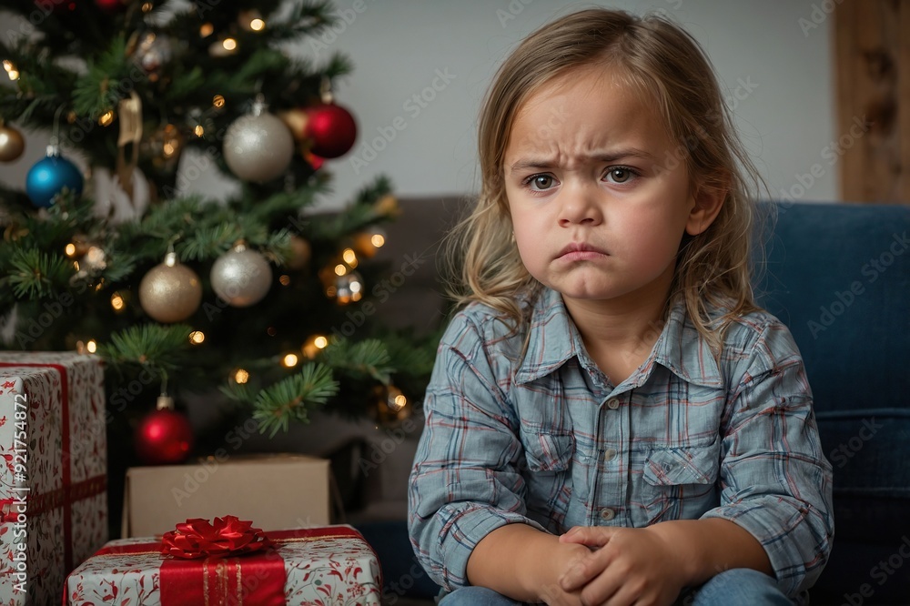 Kid in bad mood, waiting or disappointed, kid girl in living room with christmas tree Kid in bad mood, waiting or disappointed, kid girl in living room with christmas tree