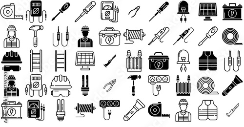 A Collection Of Electrician Isolated Silhouette Solid Icons With Electrician,Led,Light,Builder,Power Solid Icon Collection. Vector Illustration