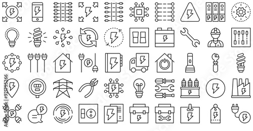 Set Of Linear Electrician Icons Collection Isolated Silhouette Solid Icons Including Energy,Electrician,Power,Electrical,Electricity Vector Icon Set Linear Pictogram Pack