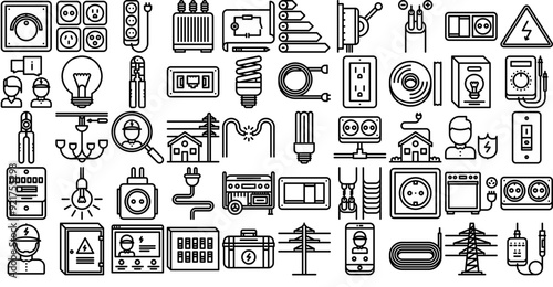 A Collection Of Electrician Isolated Silhouette Solid Icons With Electricity,Electrician,Light,Electrification,Electric Business Infographic Elements Logo Vector Illustration
