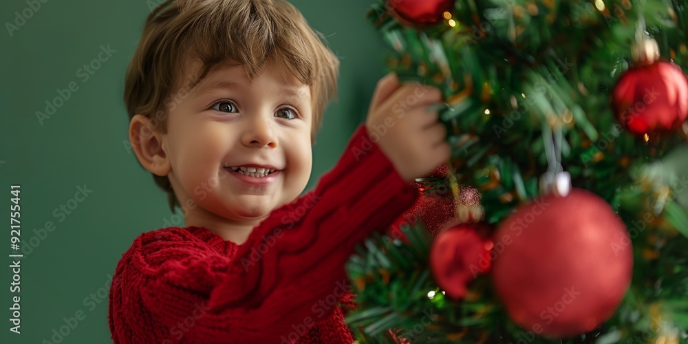 Happy kid decorating Christmas tree Happy kid decorating Christmas tree