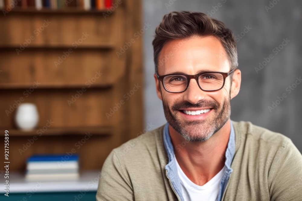 Fototapeta premium A cheerful man with glasses and a beard smiles warmly at the camera, set against a bookshelf background with books and a vase ideal for websites, blogs, and advertisements promoting positivity
