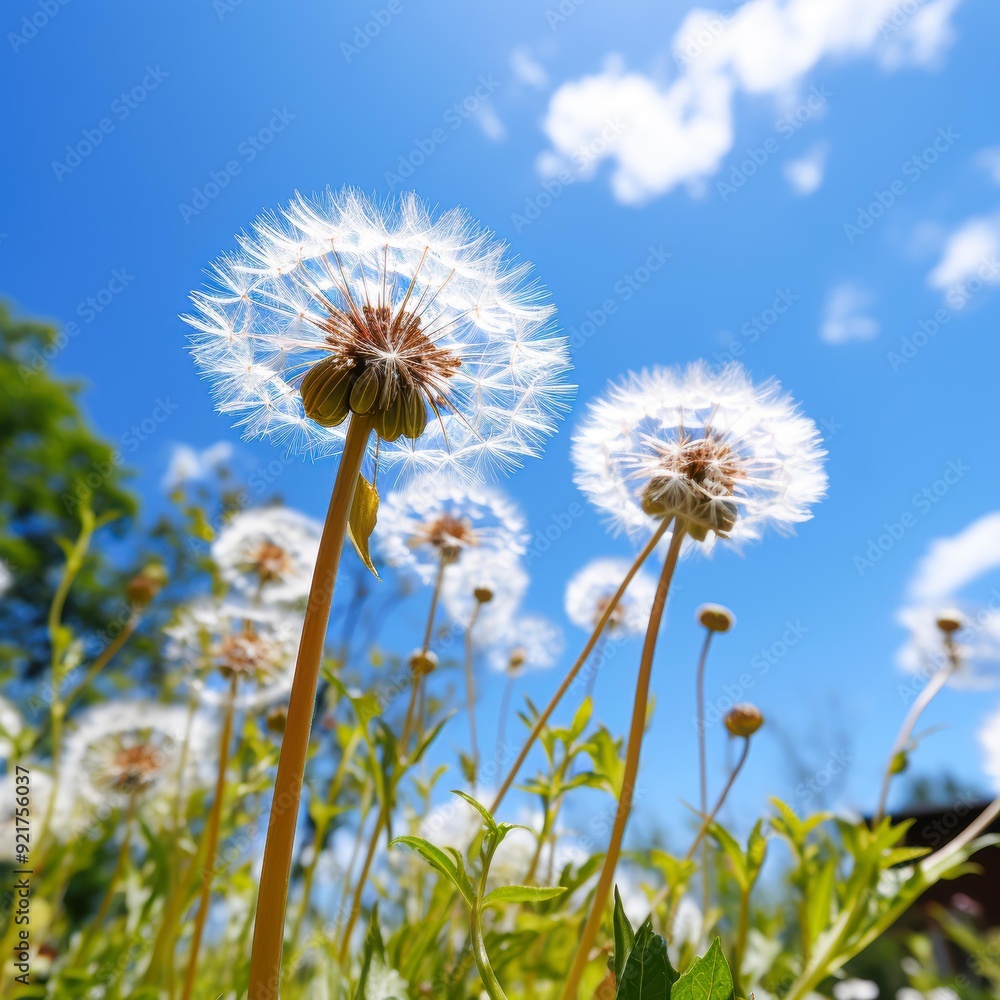 Naklejka premium Close-up of dandelions against a bright blue sky, suitable for themes of nature, growth, and springtime perfect for websites, blogs, and social media posts celebrating the beauty of the natural world