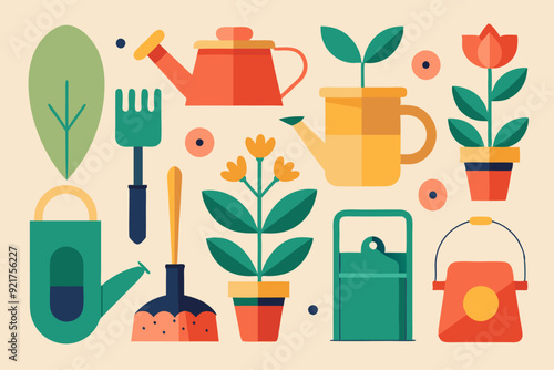 Illustration of gardening tools and potted plants in a simplistic design