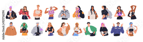 Teens in modern fashion alternative style. Trendy young characters, teenagers set. Gen Z youth in funky clothing, cool hairstyles and makeup. Flat vector illustration isolated on white background