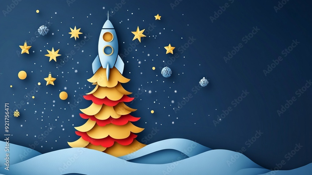 Fototapeta premium Paper illustration of a rocket in the form of a Christmas tree. Paper-cut style. 2025 new year and Christmas