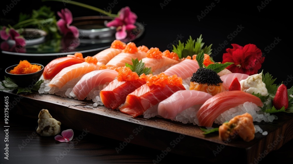 Elegant sushi platter with assorted nigiri and sashimi