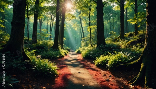 Sunbeams through the trees in a lush forest.