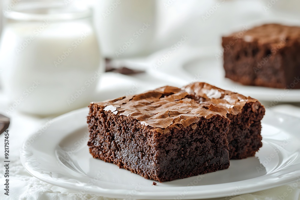 Two fudgy brownies with a cracked top on a white plate and a blurred glass of milk in the background. Two fudgy brownies with a cracked top on a white plate and a blurred glass of milk in the background.