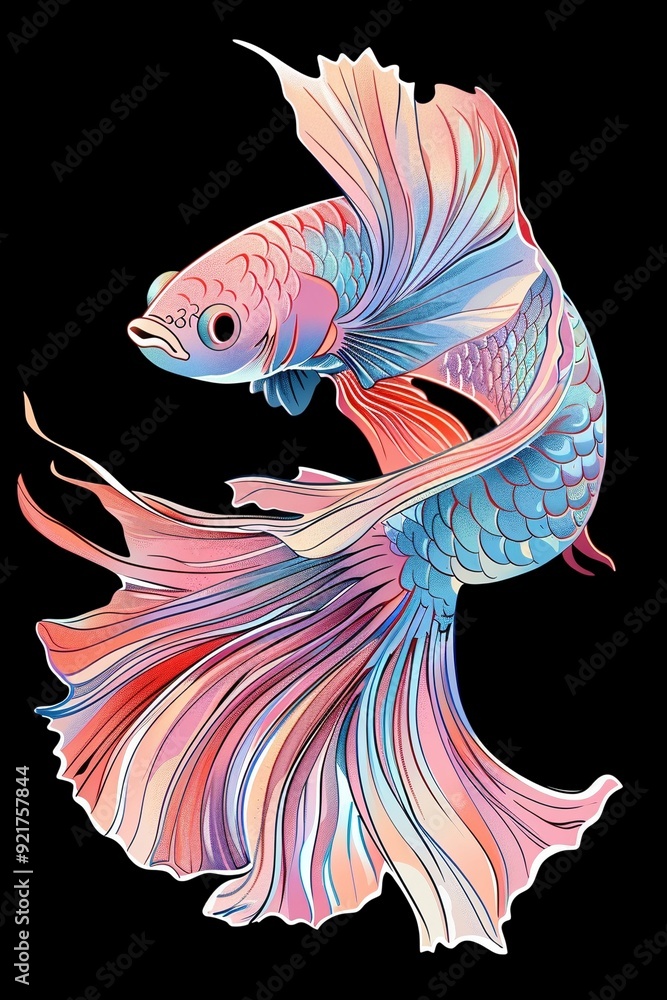 Fototapeta premium Illustration von einem bunten Kampffisch / Betta auf schwarzem Hintergrund