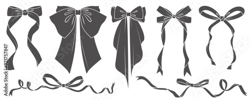 Ribbon bow with knot for gift and hair. Vector icons and doodle black silhouette. Hand drawn flat design for birthday and Christmas holidays presents decoration. Fashion elements accessories.