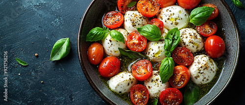 Mozzarella with basil, cherry tomatoes and pesto sauce sprinkled with Mediterranean spices. photo