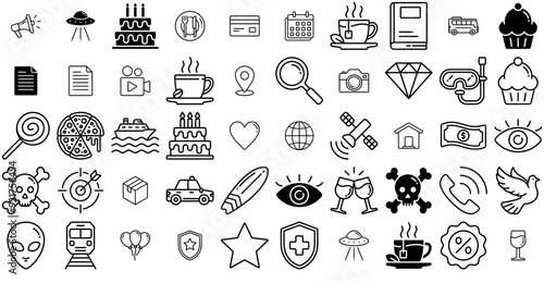 Set Of Essential Elements Vector Symbols Apps, Websites Ui Designs Suitable For Dessert,Food,Transportation,Travel,Sweet Vector Illustration Linear Pictogram Pack
