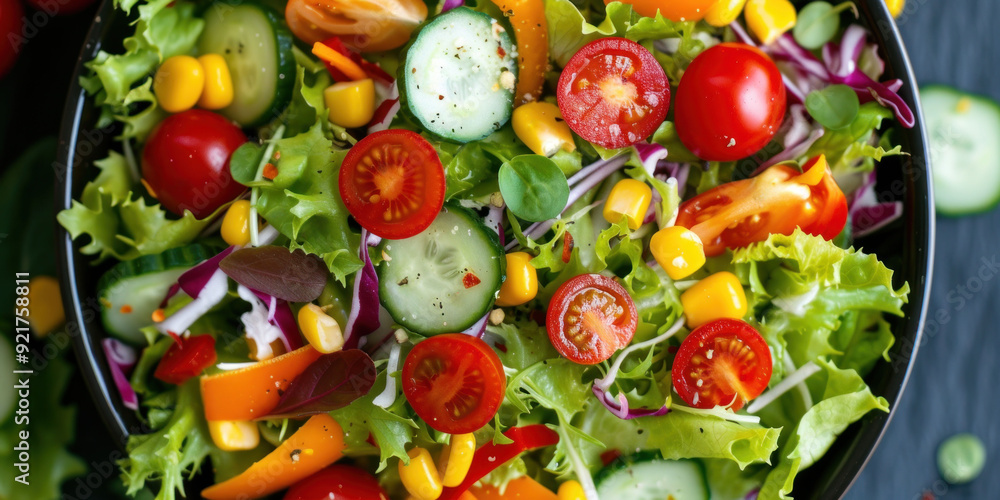 A close-up of a fresh salad bowl with various vegetables, including tomatoes, cucumbers, and corn A close-up of a fresh salad bowl with various vegetables, including tomatoes, cucumbers, and corn