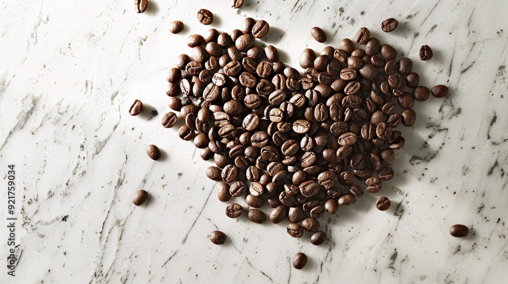 A heart shape formed by coffee beans on a marble counter, copy space A heart shape formed by coffee beans on a marble counter, copy space
