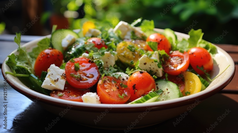 Fresh salad with mixed greens, cherry tomatoes, and feta cheese Fresh salad with mixed greens, cherry tomatoes, and feta cheese