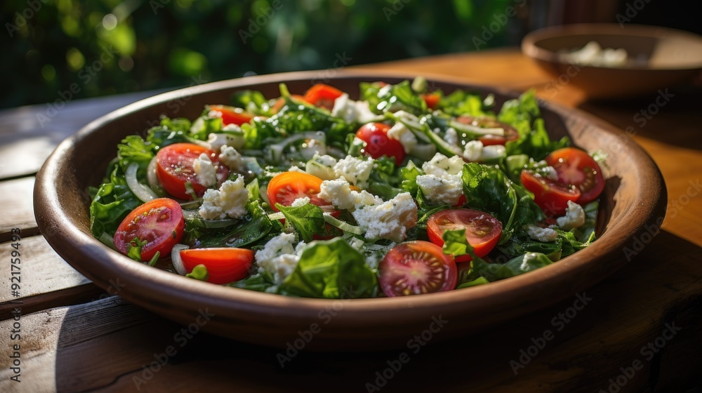 Fresh salad with mixed greens, cherry tomatoes, and feta cheese Fresh salad with mixed greens, cherry tomatoes, and feta cheese
