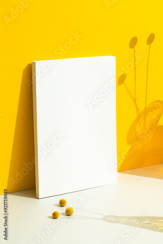 White blank magazine cover mockup leaning to yellow background