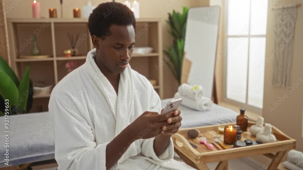 Young man in a spa wellness center using smartphone while seated wearing a white robe in a relaxed indoor setting Young man in a spa wellness center using smartphone while seated wearing a white robe in a relaxed indoor setting