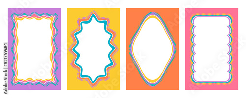 Wavy scallop border shapes. Rectangle fun psychedelic hand drawn frame. Doodle cute design for text photo and picture. Groovy child template. Y2K decorative blank. Vector