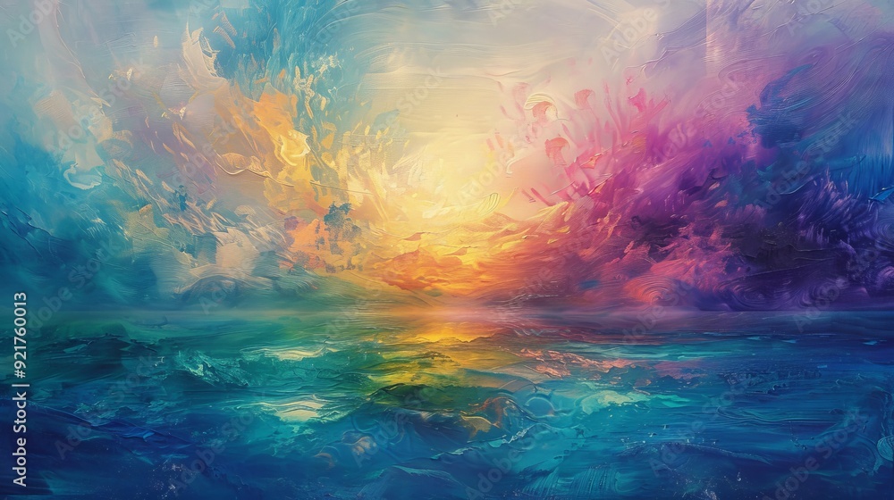 Fototapeta premium A vibrant sunset over the ocean, with swirling colors of blue, orange, and purple, evokes a sense of tranquility and wonder. The emotional expression is one of peace and awe. 