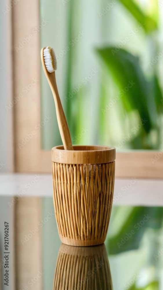 Macro shot of a bamboo toothbrush in a bamboo cup in front of a mirror. Mirror surface of the table. Simplicity, freshness, naturalness, natural hygiene. Macro shot of a bamboo toothbrush in a bamboo cup in front of a mirror. Mirror surface of the table. Simplicity, freshness, naturalness, natural hygiene.