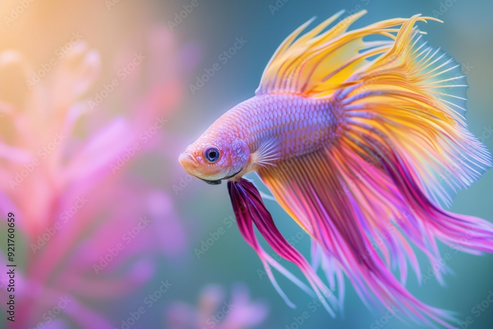 Fototapeta premium Vibrant yellow and pink betta fish with flowing fins against a blurred background.