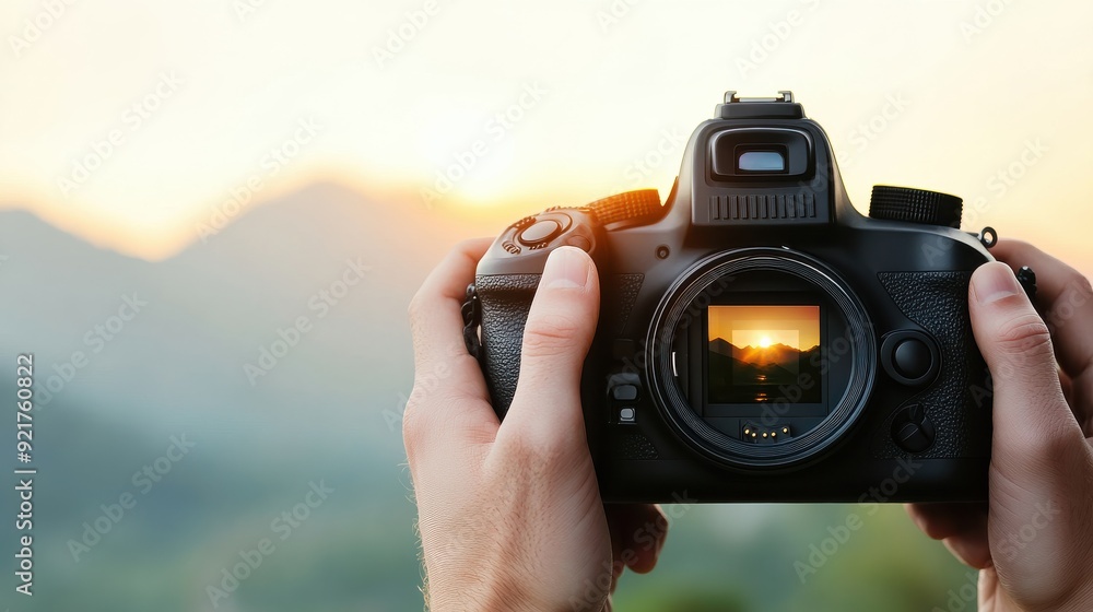 Obraz premium A close-up view of a person holding a DSLR camera, capturing a beautiful sunset over the mountains.