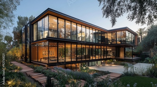 Modern residence, featuring an extended modern steel frame with large glass walls, unique architectural design