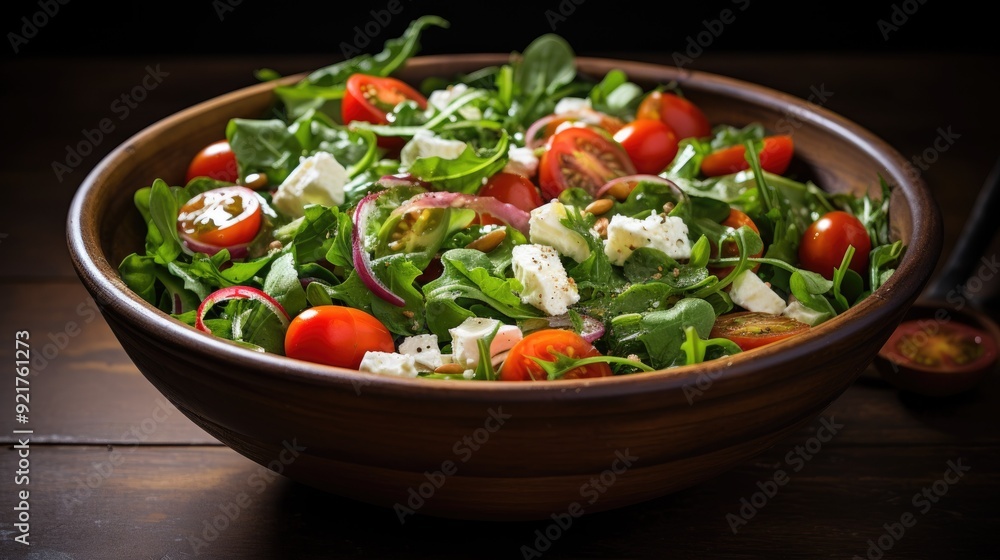Fresh salad with mixed greens, cherry tomatoes, and feta cheese Fresh salad with mixed greens, cherry tomatoes, and feta cheese