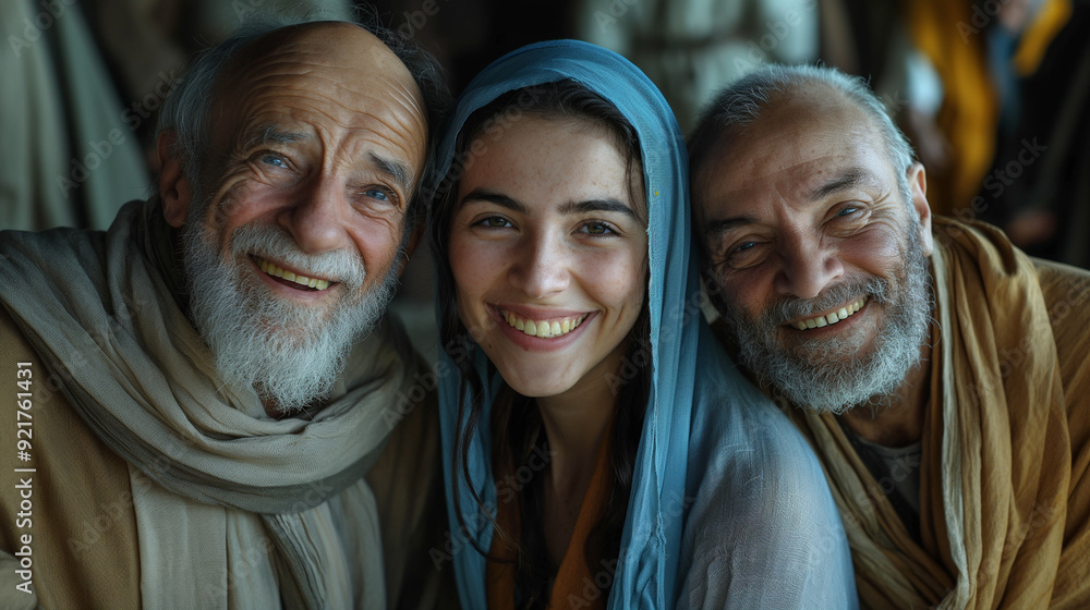 People in traditional 1st-century Middle Eastern attire, smiling together. People in traditional 1st-century Middle Eastern attire, smiling together.