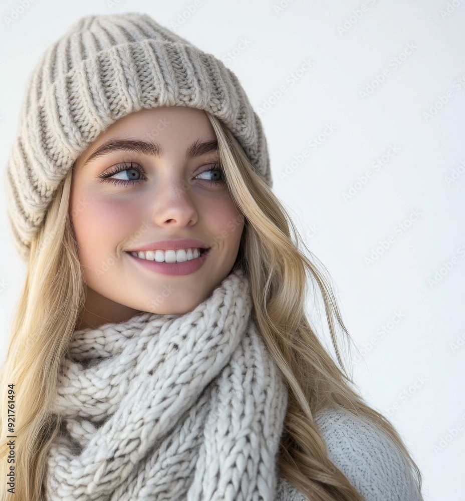 A beautiful blonde woman wearing a light gray winter hat and scarf, smiling against a white background with photo studio lighting. A beautiful blonde woman wearing a light gray winter hat and scarf, smiling against a white background with photo studio lighting.