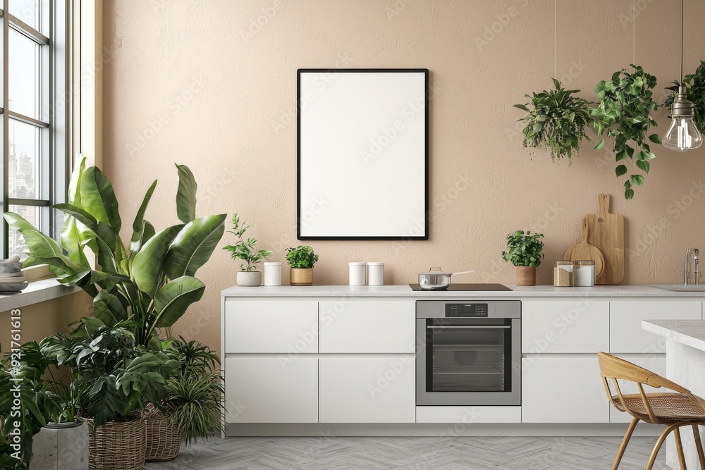 Fototapeta premium Minimalist Kitchen interior with Poster Mockup created with Generative AI