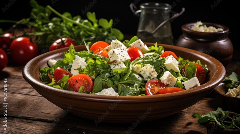 Fresh salad with mixed greens, cherry tomatoes, and feta cheese Fresh salad with mixed greens, cherry tomatoes, and feta cheese