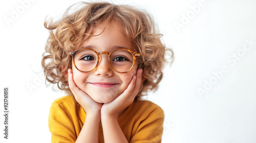 Cute smart little boy with curly hair wearing glasses isolated on white background.