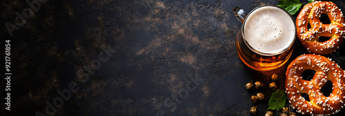 Oktoberfest concept with beer and pretzels on a dark background.